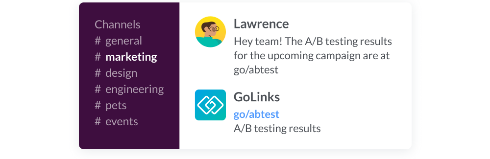 Using a go link in the marketing Slack channel to share a/b testing results
