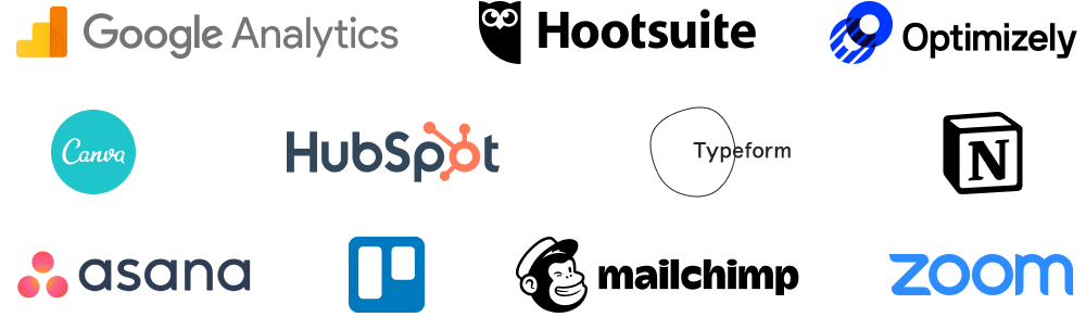 Examples of tools marketers use: Google Analytics, Hootsuite, Optimizely, Canva, Hubspot, Typeform, Notion, Asana, Trello, Mailchimp, Zoom