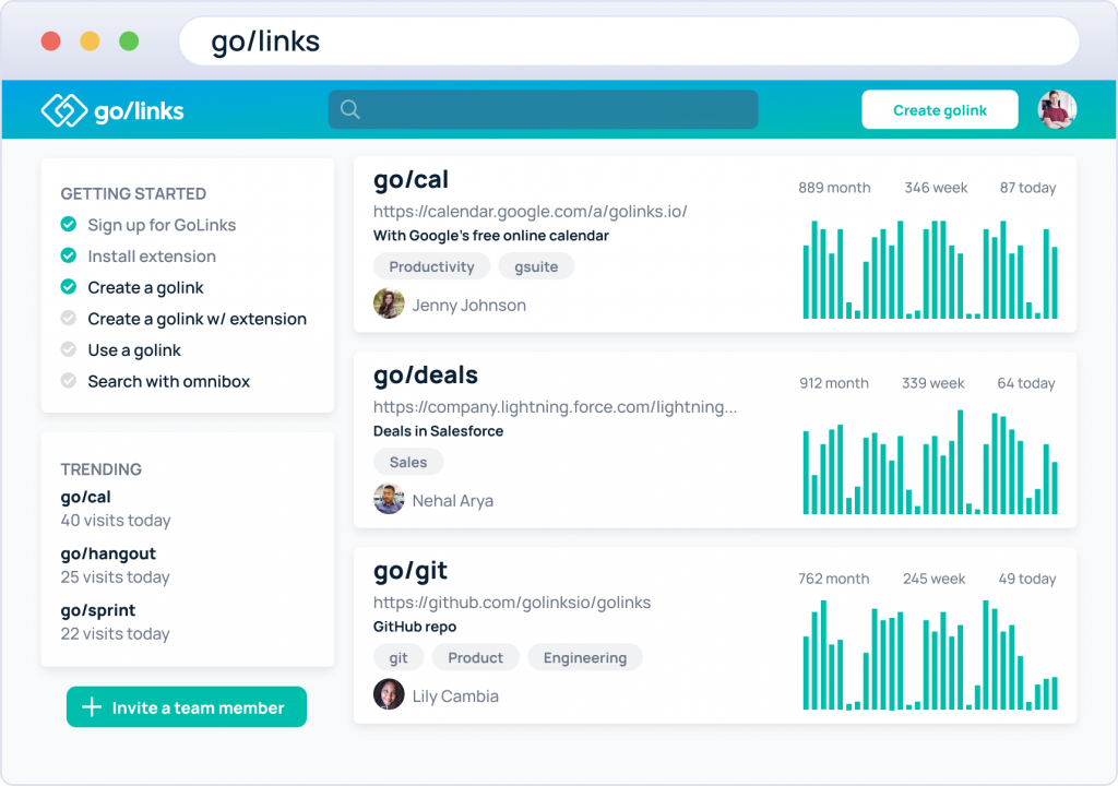 GoLinks dashboard showing software usage to track low software utilization