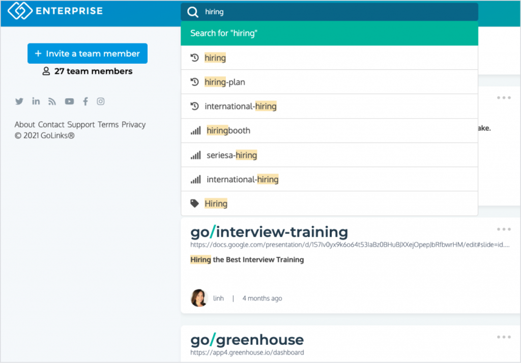 GoLinks platform showing recruiting and hiring go links.