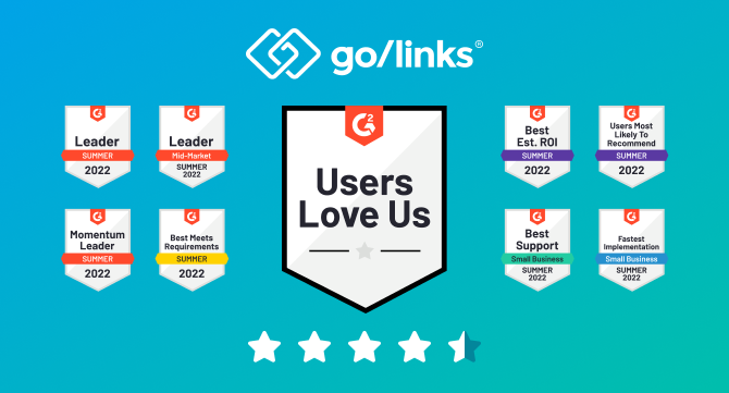 GoLinks G2 Summer 2022 badges and star rating