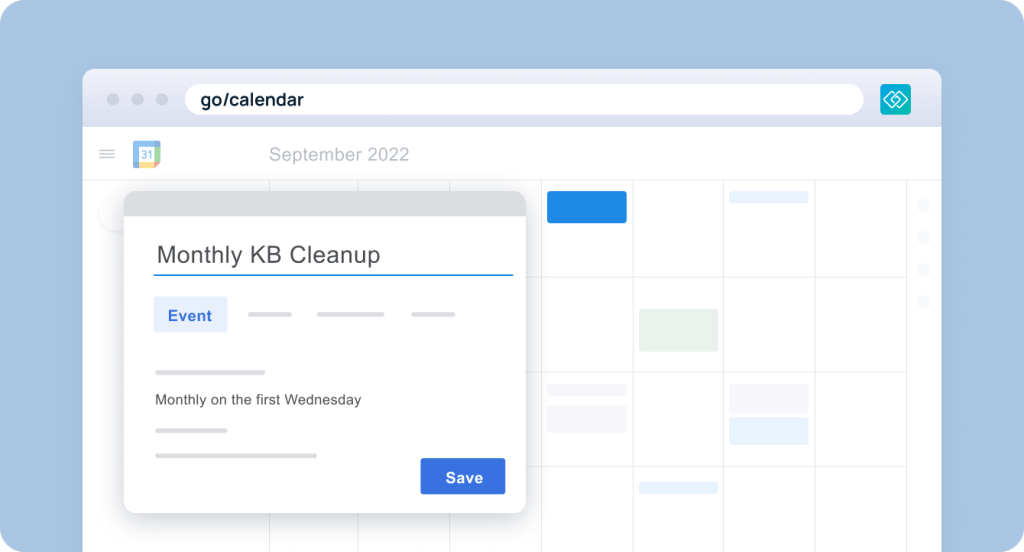 Monthly knowledge base cleanup event created in Google Calendar