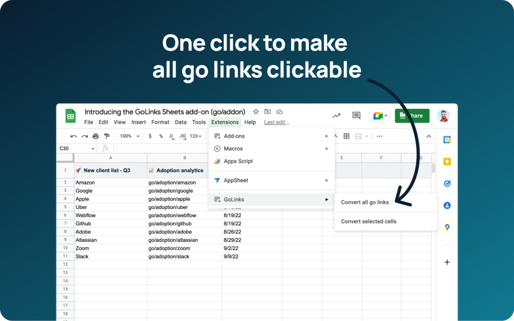 GoLinks G-Suite Integrations: Google Sheets