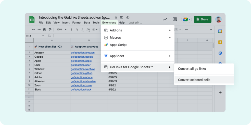 Automatically convert go links to clickable links in Google Sheets 