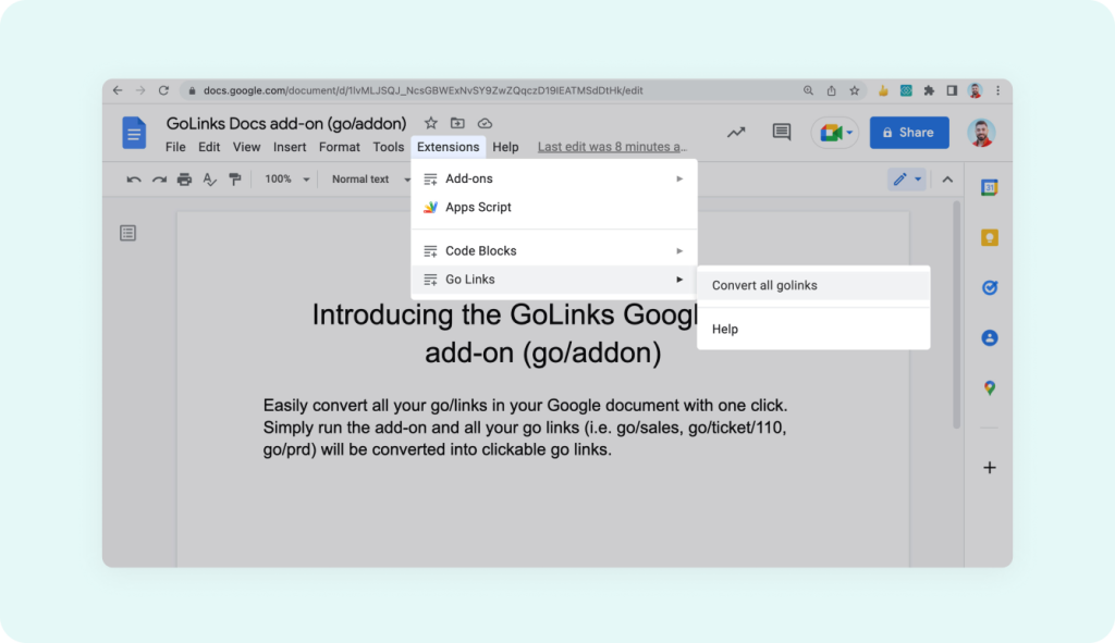 GoLinks add-on to shorten google doc links