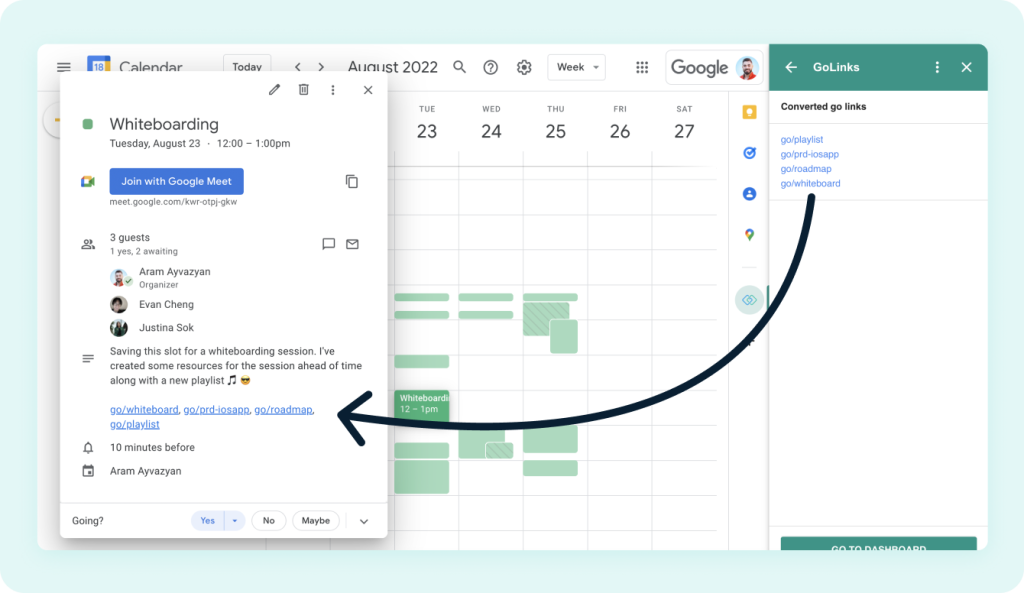 Keep Google Calendar events up to date with clickable go links 