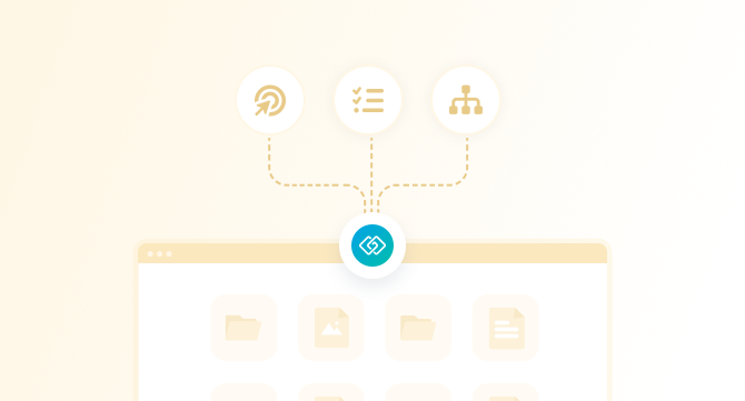 Diagram showing three knowledge management components — a link shortener, task checklist, and org structure — connecting into a central knowledge base interface
