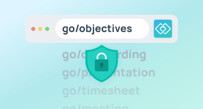 GoLinks browser interface showing go/objectives shortlink with a security shield, representing enterprise-grade go link management