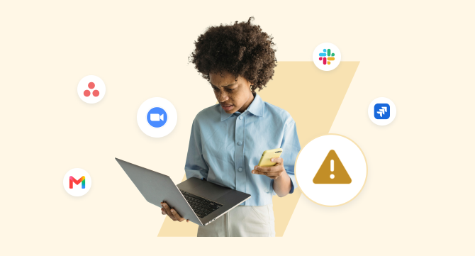 A hybrid worker looking frustrated while juggling a laptop and phone, surrounded by disconnected app icons including Slack, Zoom, and Gmail — illustrating the tool sprawl behind information silos.