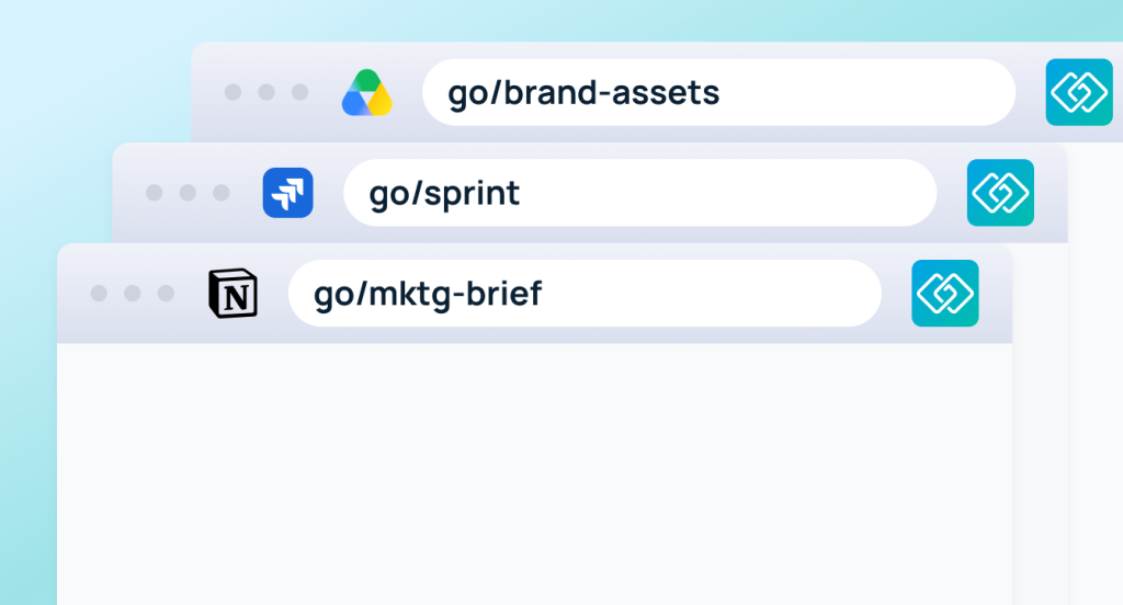 Browser windows showing examples of go links naming conventions: go/brand-assets, go/sprint, and go/mktg-brief