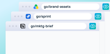 Browser windows showing examples of go links naming conventions: go/brand-assets, go/sprint, and go/mktg-brief
