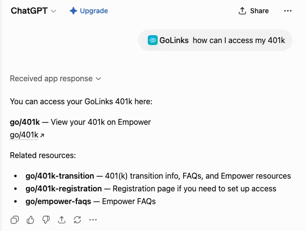 Example GoLinks search inside of ChatGPT using the GoLinks app integration with ChatGPT.