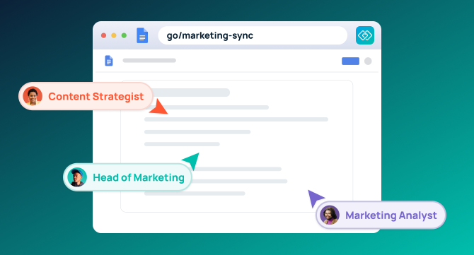 GoLinks go/marketing-sync shortcut shown in a browser with three team members tagged by role