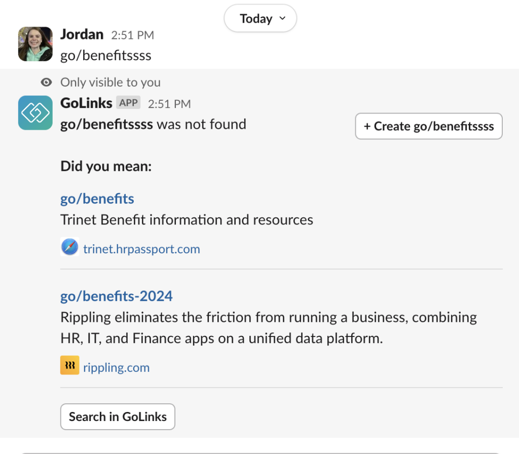 golinks not found within slack