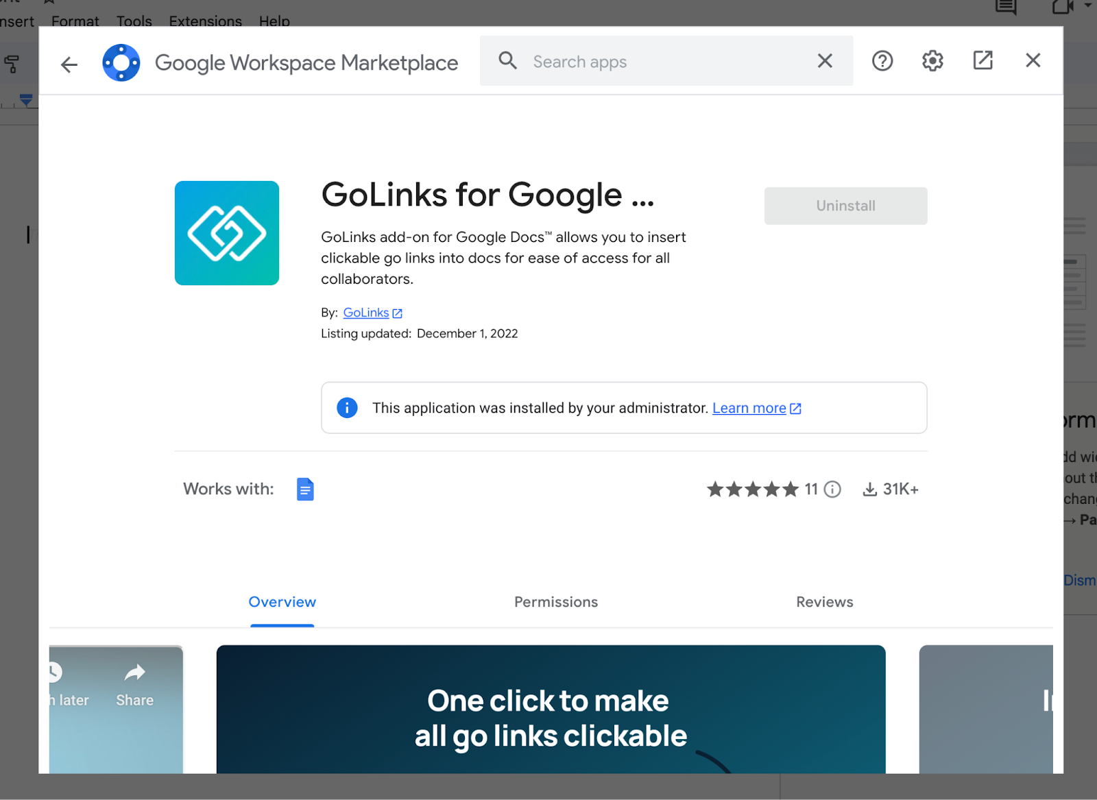 GoLinks for Google Docs Google Workspace Marketplace page