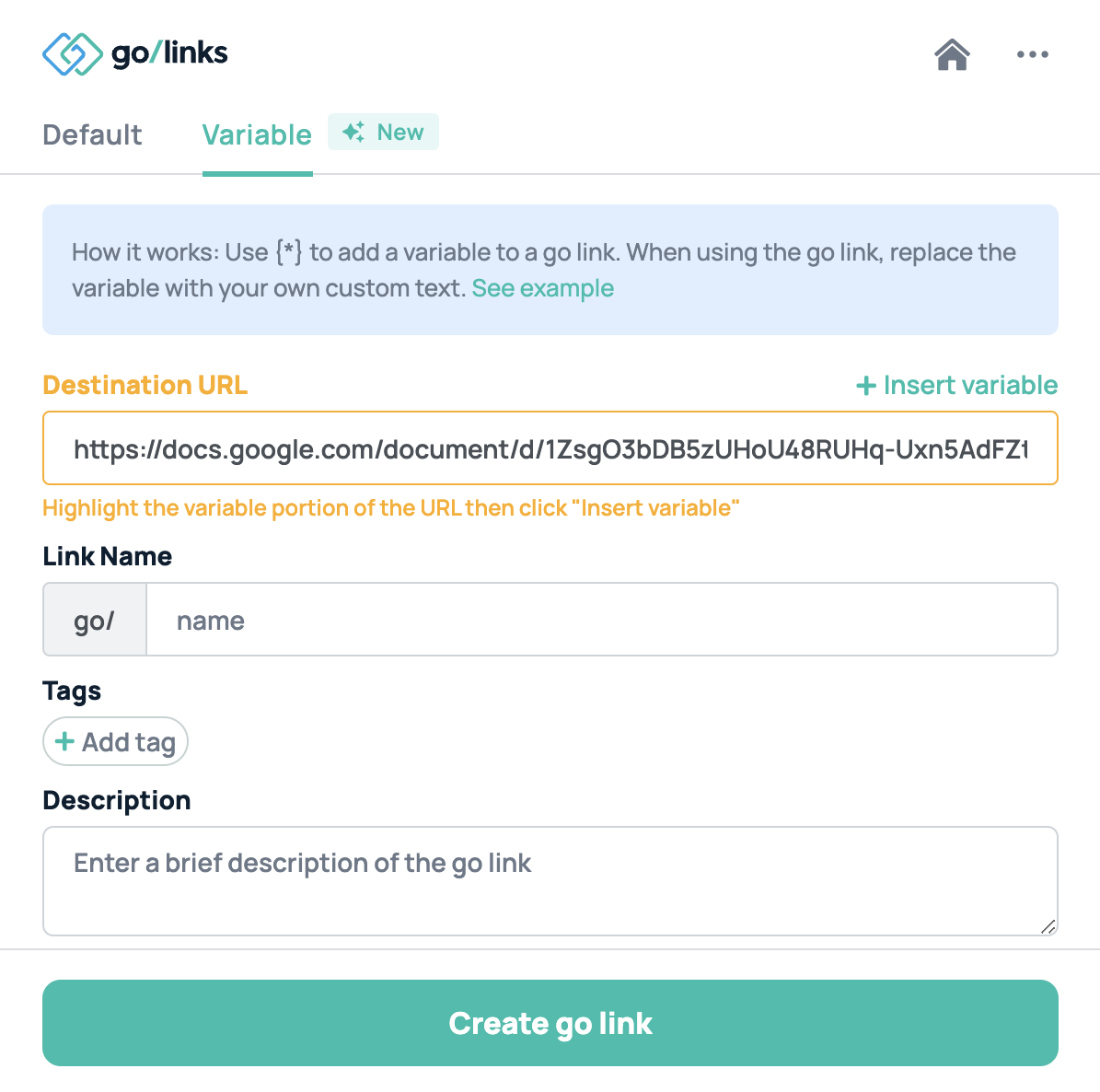 The GoLinks® Help Center - Creating variable go links
