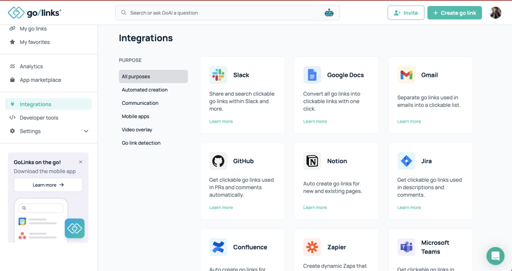 Integrations page on the GoLinks Dashboard