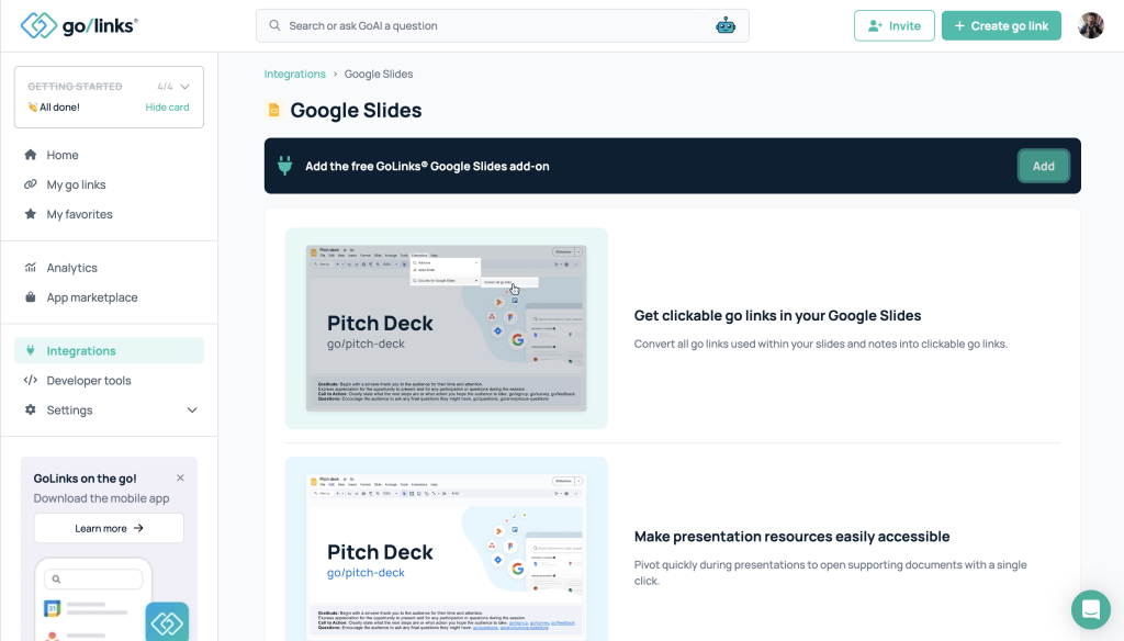 GoLinks Google Slides integration page