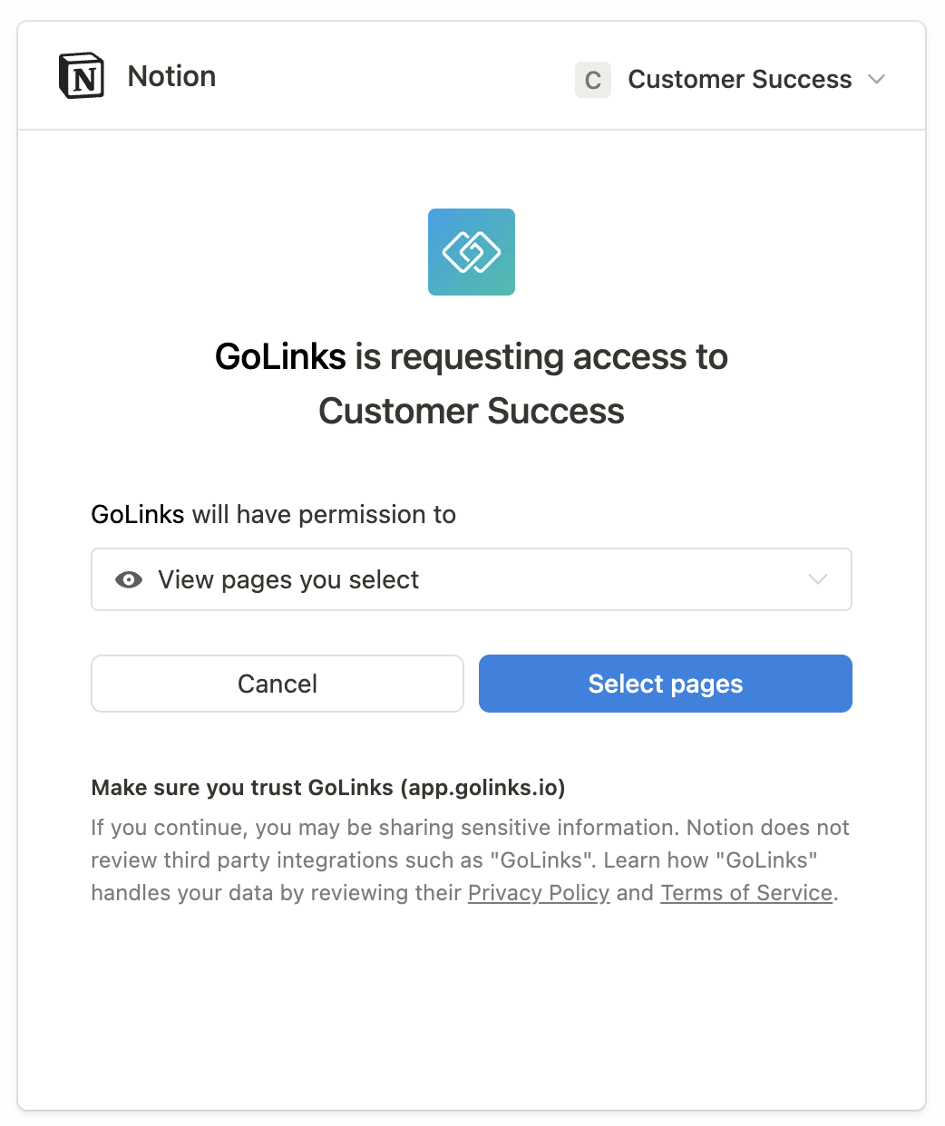 Notion integration with GoLinks, Permissions, select pages