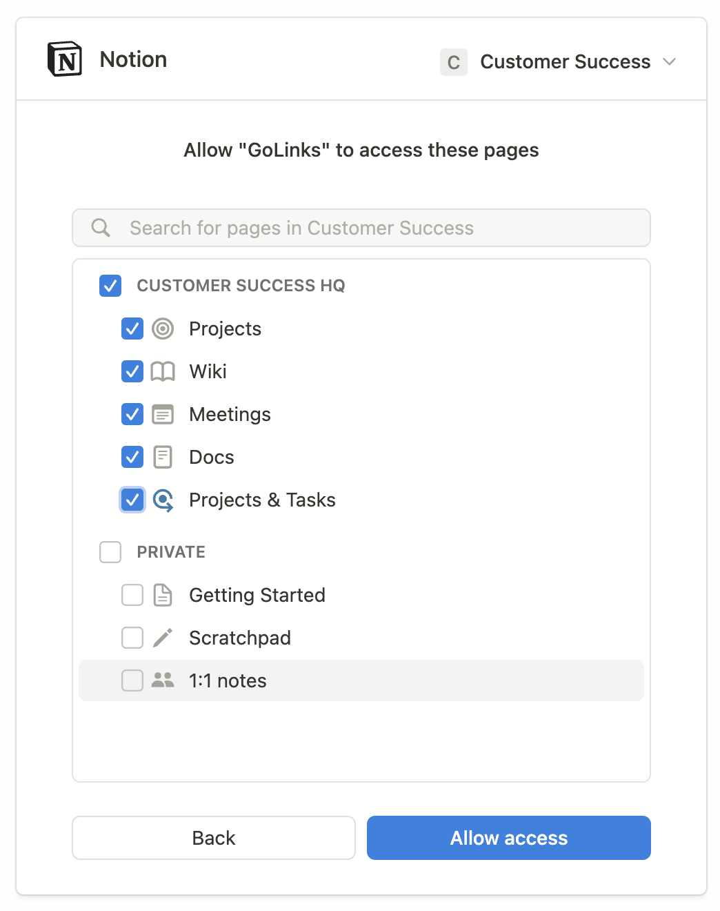 Notion, Access, project selection, Notion integration