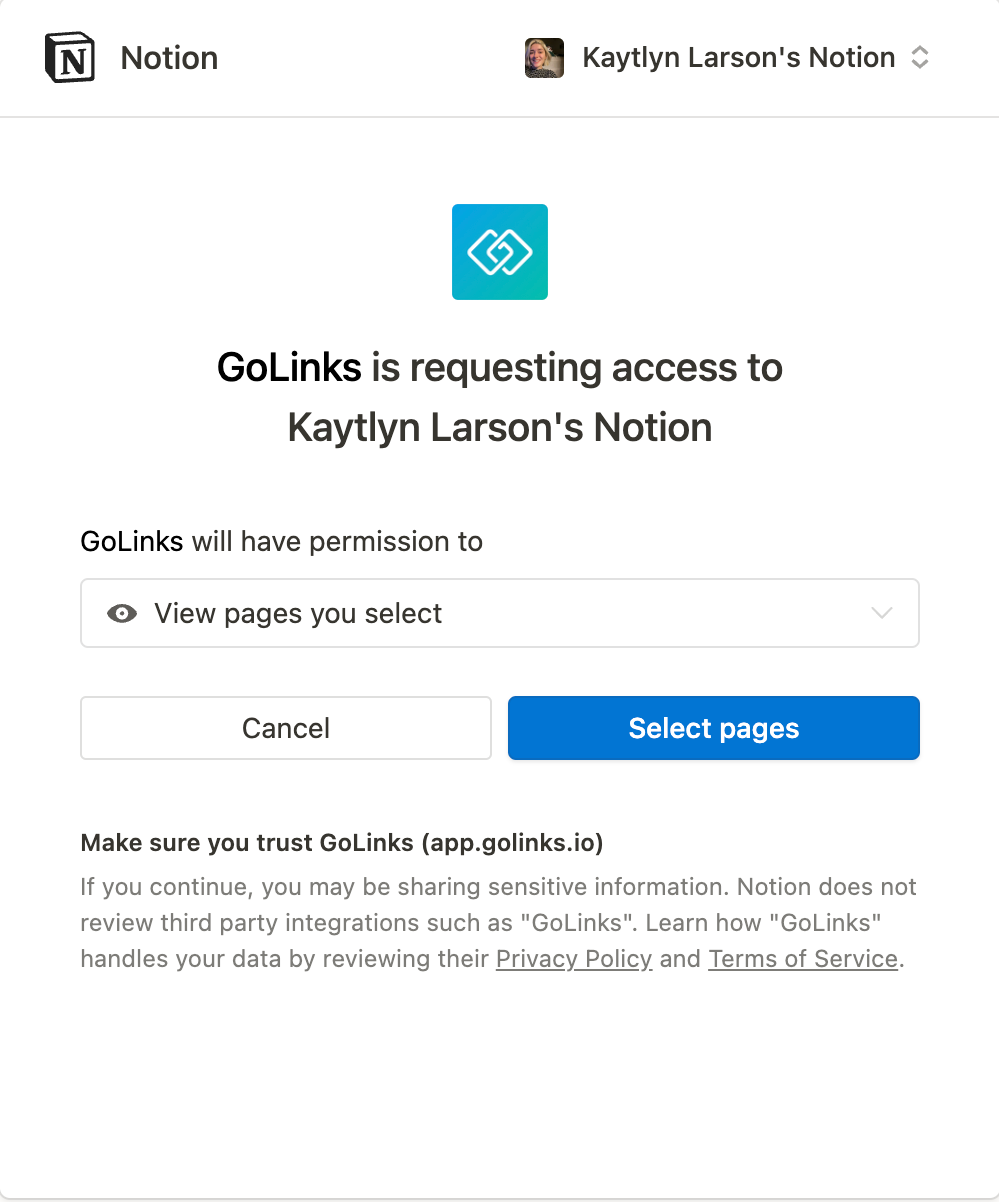 GoLinks Notion Integration OAuth screen