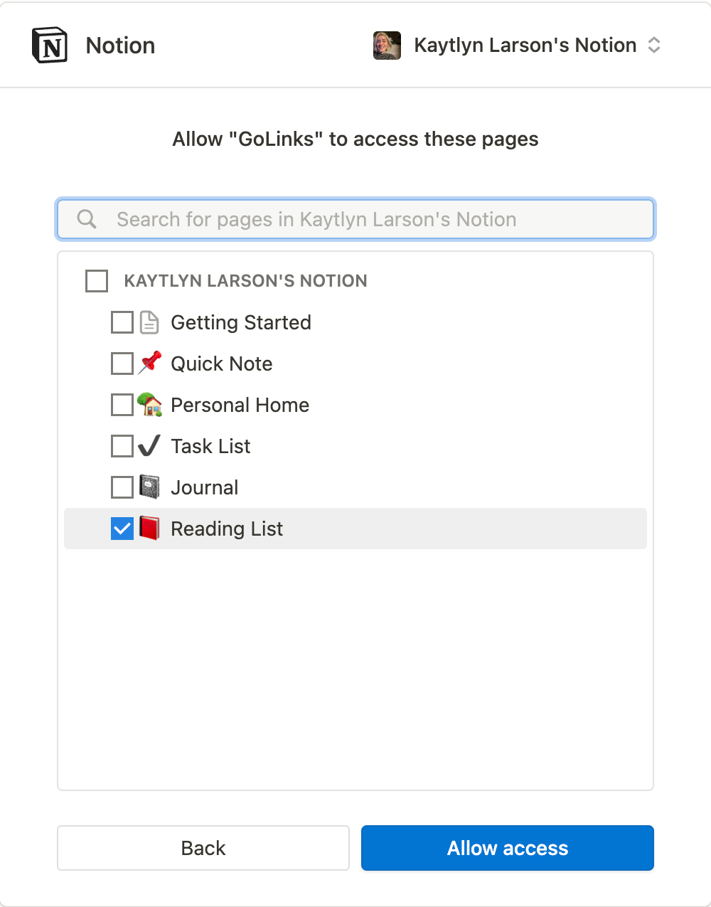 Select pages and workspaces in Notion