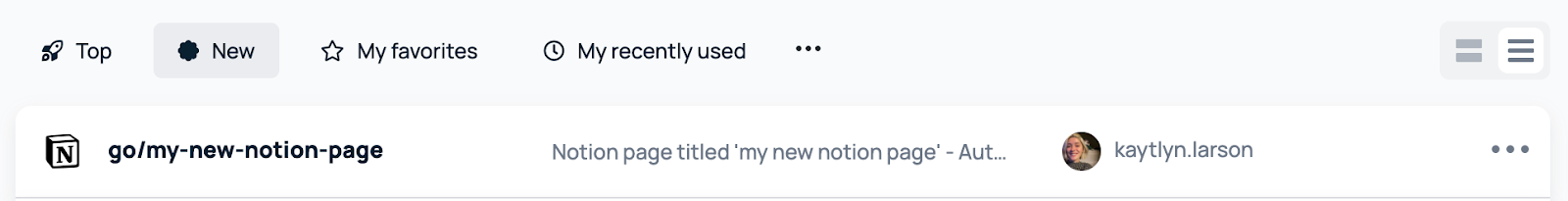 New go links tab showing newly created go link for Notion page