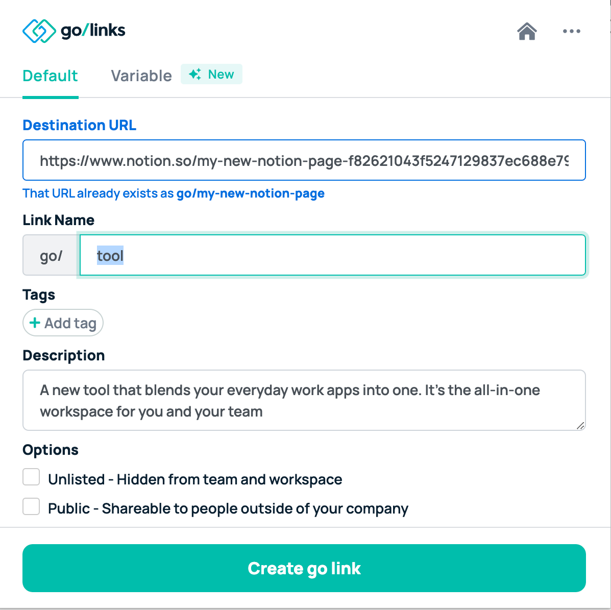 GoLinks extension showing go link for Notion page already exists 