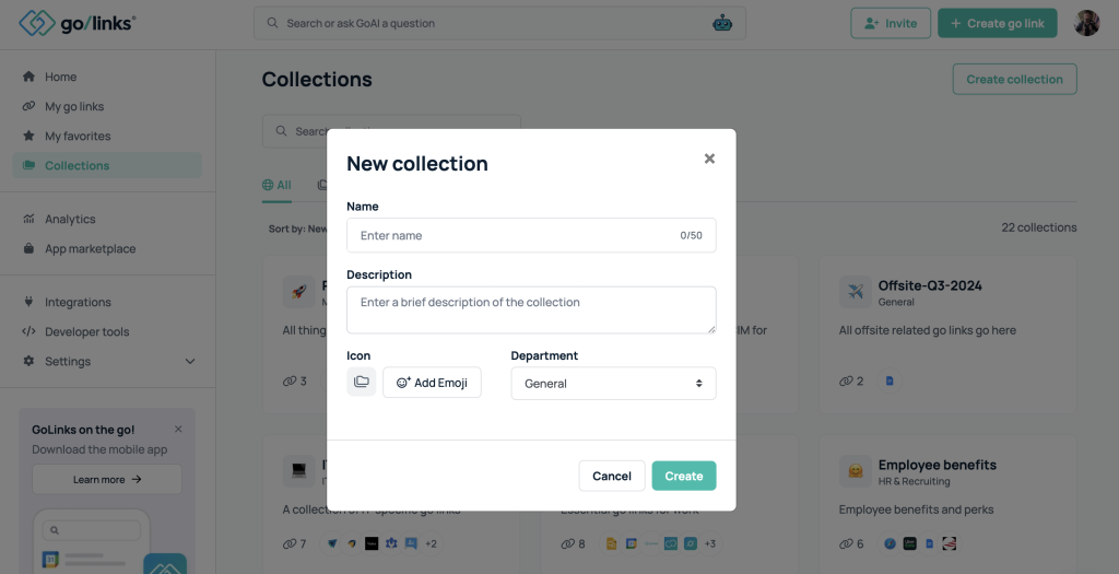 New collection modal for creating a Collection within the GoLinks dashboard