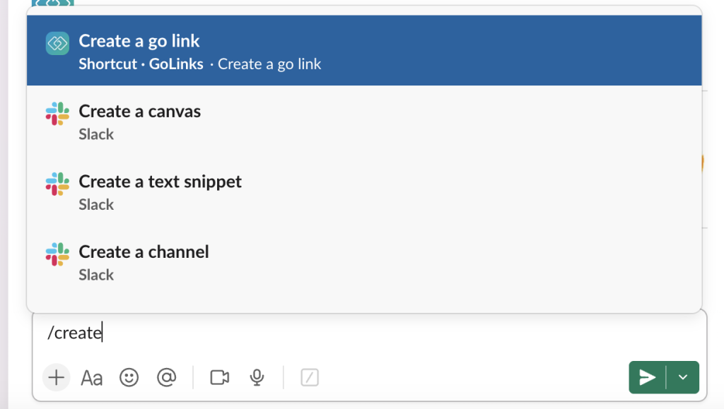 typing /create in an existing slack channel